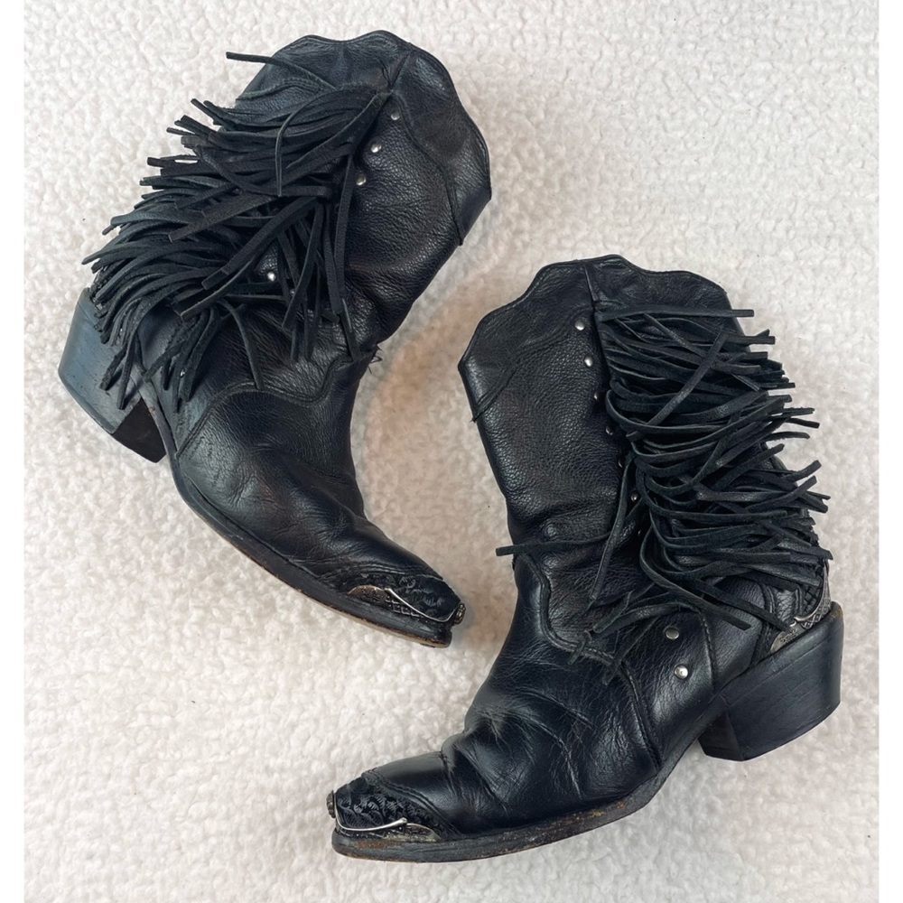 (VTG) ZODIAC • Black Genuine Leather Studded Fringe Western Cowboy Boots, 5.5